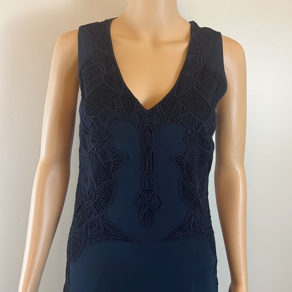 Jonathan Simkhai Navy Crepe V-Neck Dress with Lace Appliqué - Picture 6 of 12